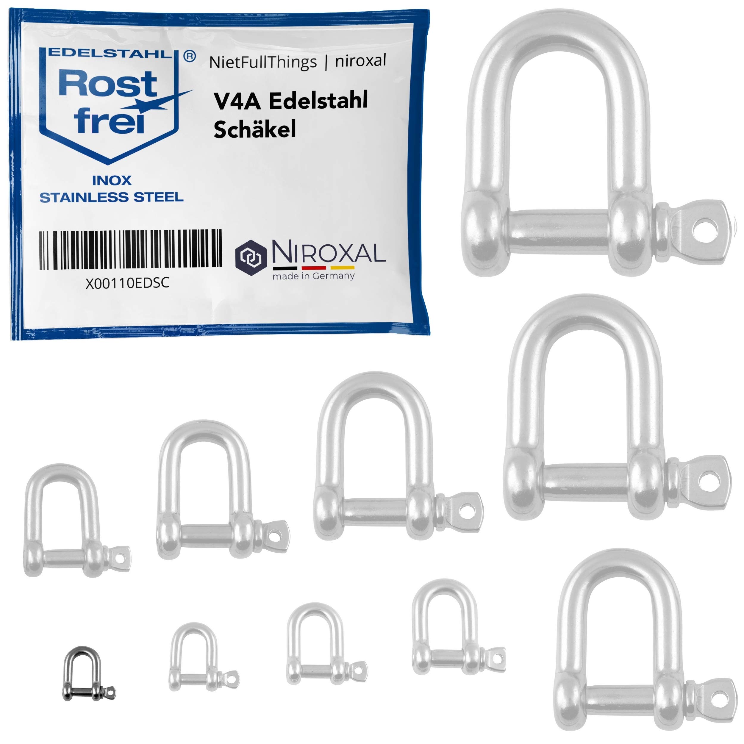 NietFullThings 100 pieces 4-mm Stainless steel shackles made of V4A short straight robust shape breaking load 700 kg Shackles 4x14-mm — image 1
