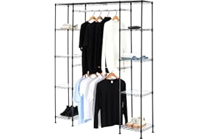 �鶹�� Basics Adjustable Expandable Metal Hanging Closet Storage Organizer Rack with Shelves, 145-203cm L x 36cm W x 183cm H,