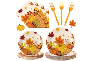 LITMITFU 100 Pcs Thanksgiving Plates and Napkins Sets - Fall Pumpkin Maple Leaf Round Tableware, Disposable Thanksgiving Paper Plates and Napkins Forks for Thanks giving Party Supplies Table Decor, Serves 25