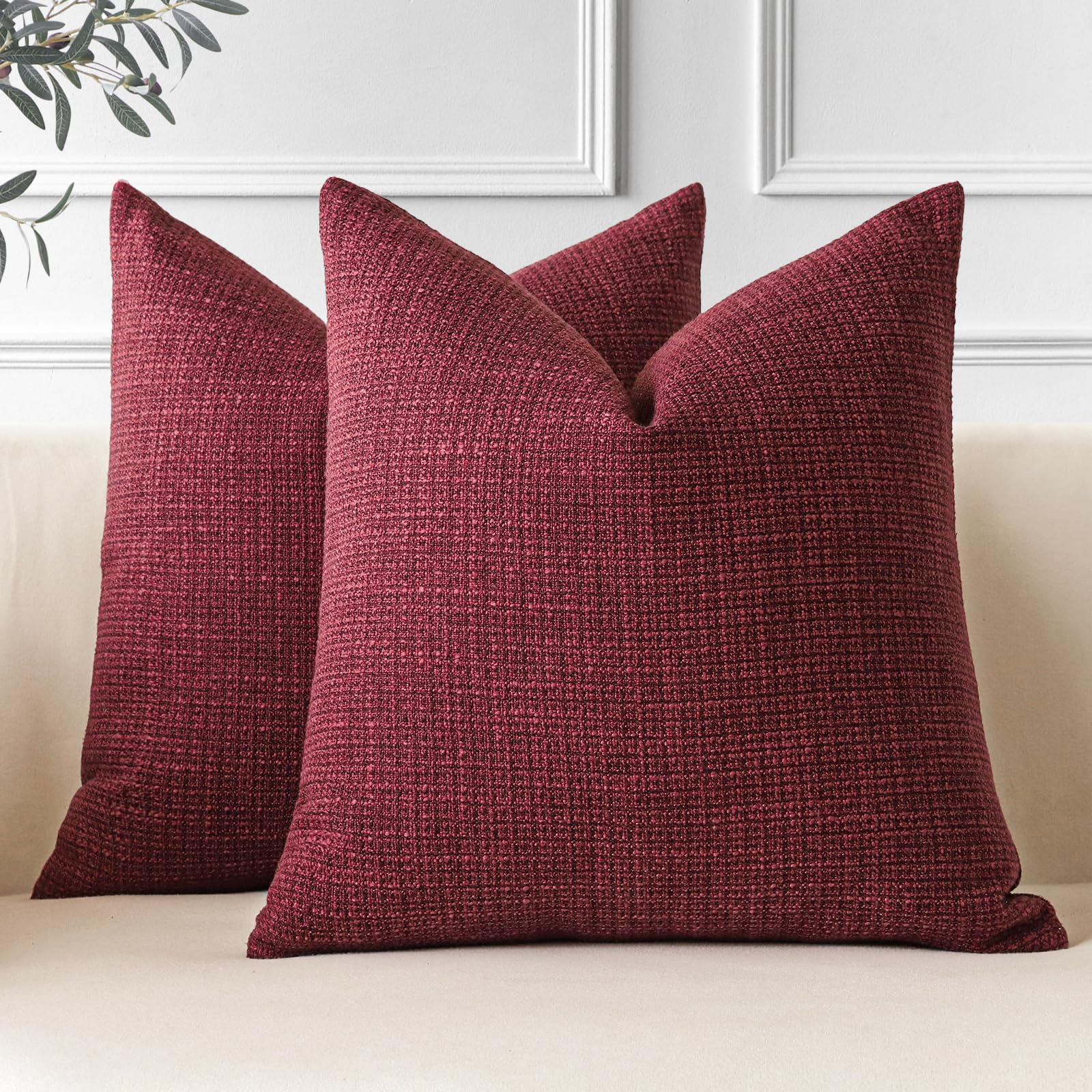 JOTOM Set of 2 Cushion Covers 60x60 cm Linen Wine Red Decorative Throw Pillow Covers 24x24 Inch Square Cushion Case Home Decor Pillowcases for Couch Sofa Living Room Bed (Wine Red)