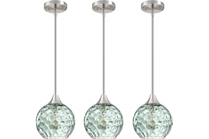 Dolaimy House Hanging Modern Farmhouse Pendant Light Fixture,6.3" Hammer Globe Green Glass 3 Pack Mini Pendant Lighting Brushed Nickel Finish for Kitchen Island Dinning Over Sink Living Room Decor