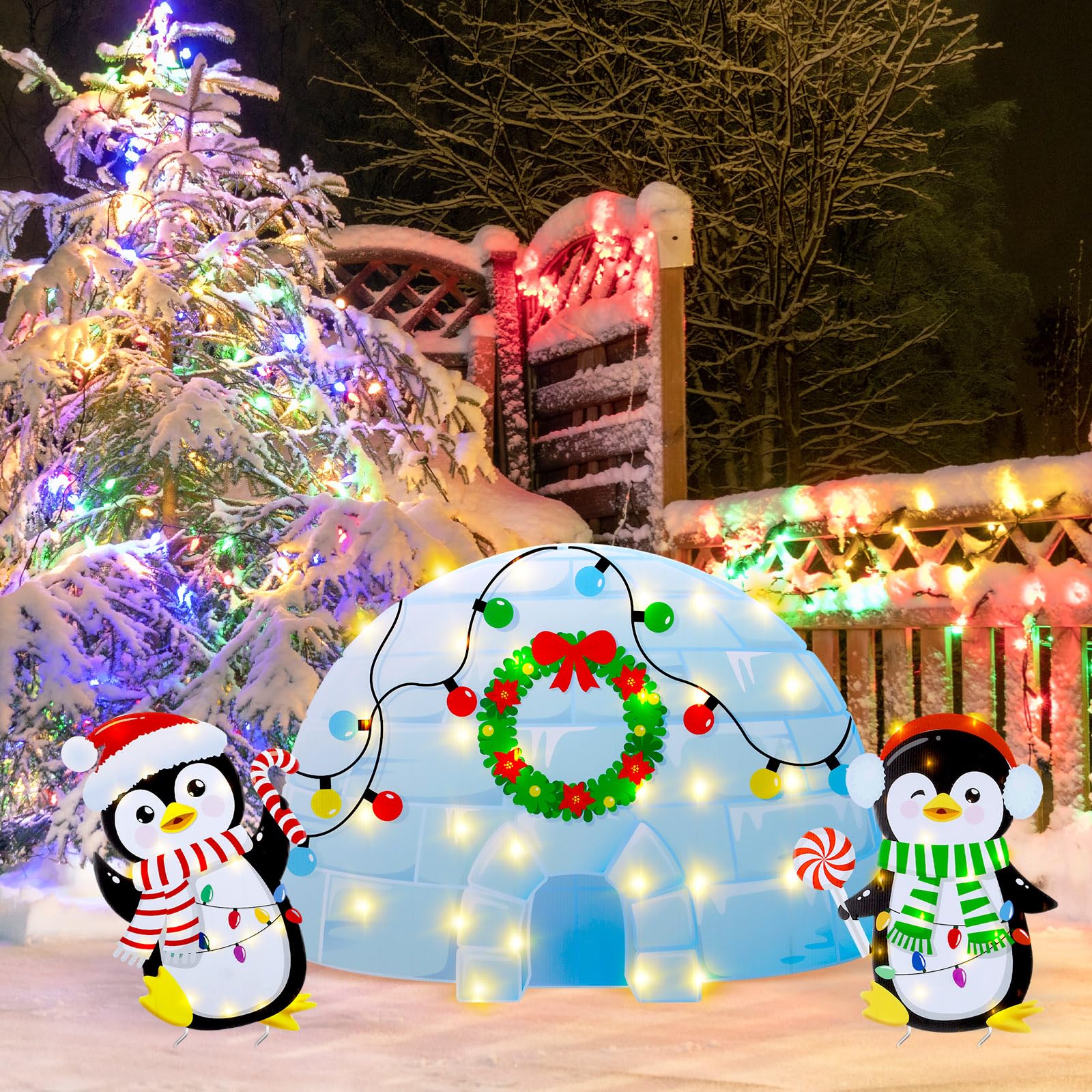 Photo 1 of (MISSING PENGUIN) GlikCeil 3 Pcs Lighted Christmas Igloo Penguins Decorations 2D North Pole Ice House 2 Penguin Stand Light Up with White Lights for Indoor Outdoor Xmas Winter Garden Yard Lawn, Battery Not Included