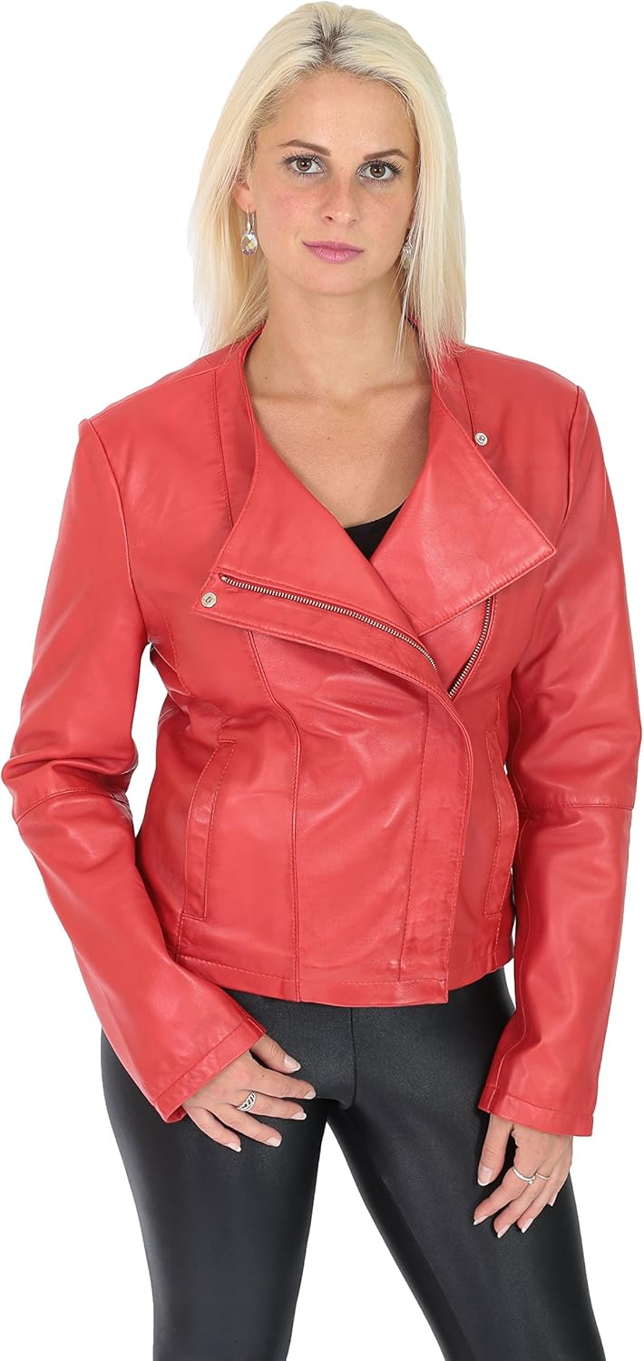 Womens Fitted Collarless Biker Leather Jacket X-Zip RED Leather Coat - Paris at Amazon Women's 