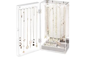 Lolalet Necklace Holder Organizer, Acrylic Jewelry Organizer with 24 Hooks, Rotating Clear Necklaces Display Box with Built-i