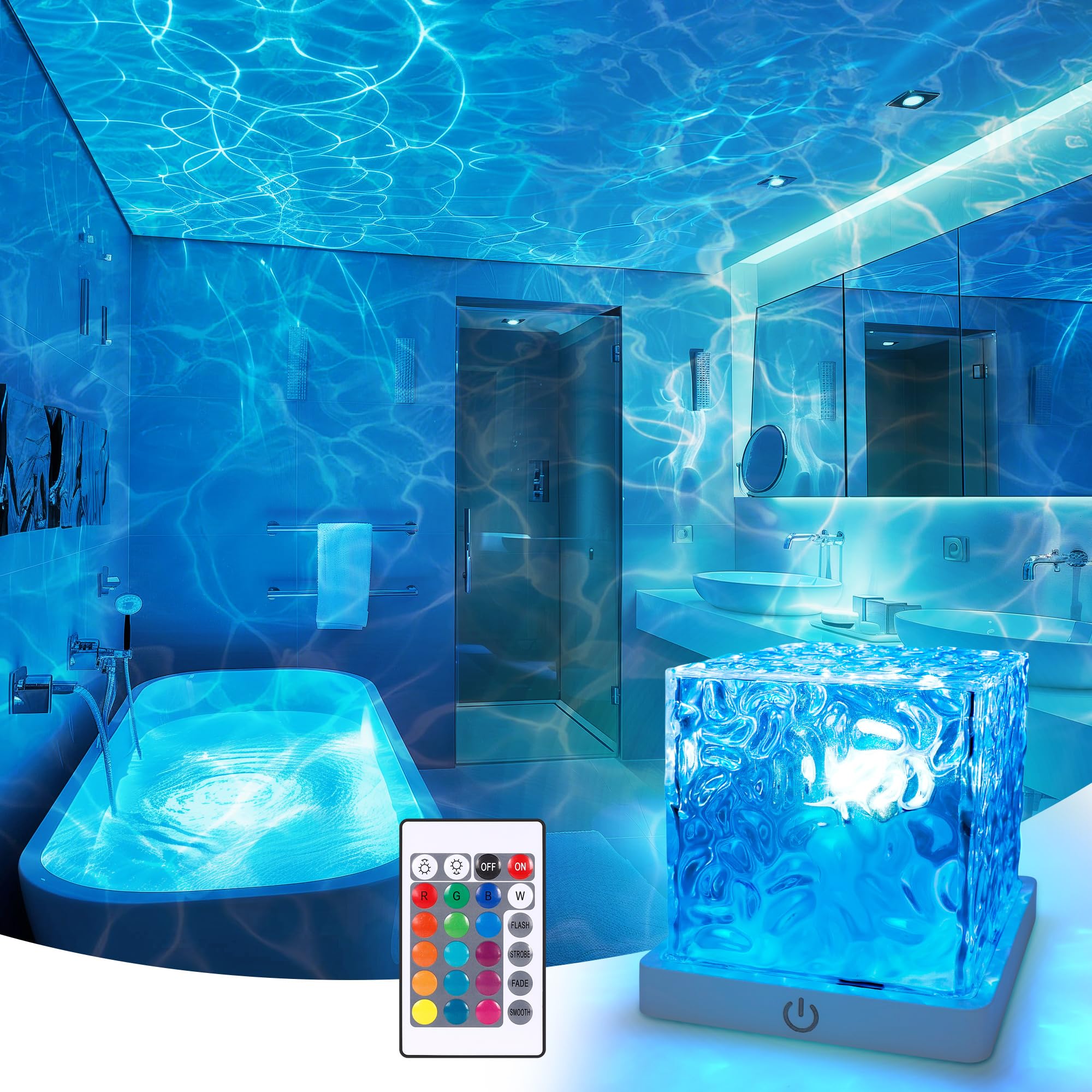 Photo 1 of Rechargeable Shower Light No Wiring, 16 Color Changeable Ocean Wave Projector Light, Dimmable Waterproof Shower Lamp with Remote, Rotating Flame Water Ripple Lamp for Shower, Bathroom, Bedroom Decor
