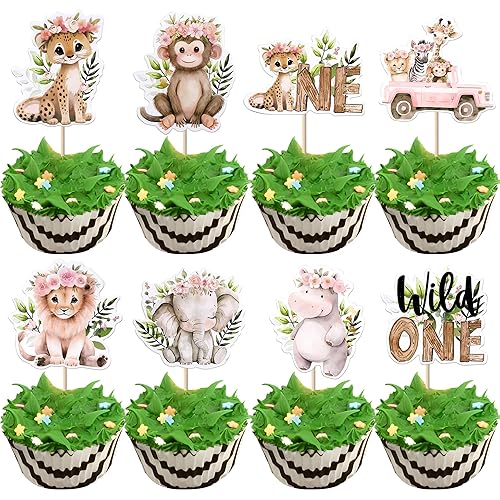 Xsstarmi 40 Pack Woodland Cupcake Toppers Wild One Theme Birthday Party Decoration Jungle Safari Animal Cupcake Picks for Animals Theme Baby Shower First Birthday Party Cake Decorations