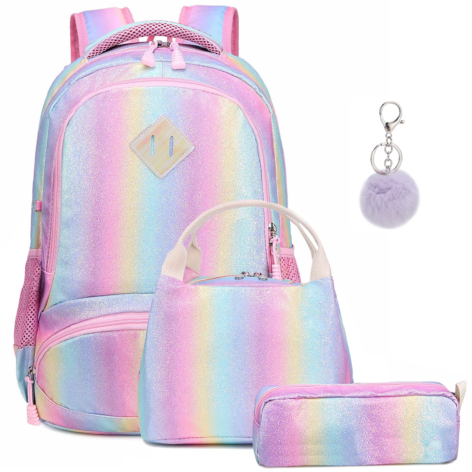 A AM SeaBlue School Bag for Girls Rainbow Glitter Backpack 3 in 1 Schoolbag Set Teenager Rucksack Colorful Gradient Bag Bling Casual Daypack — image 1