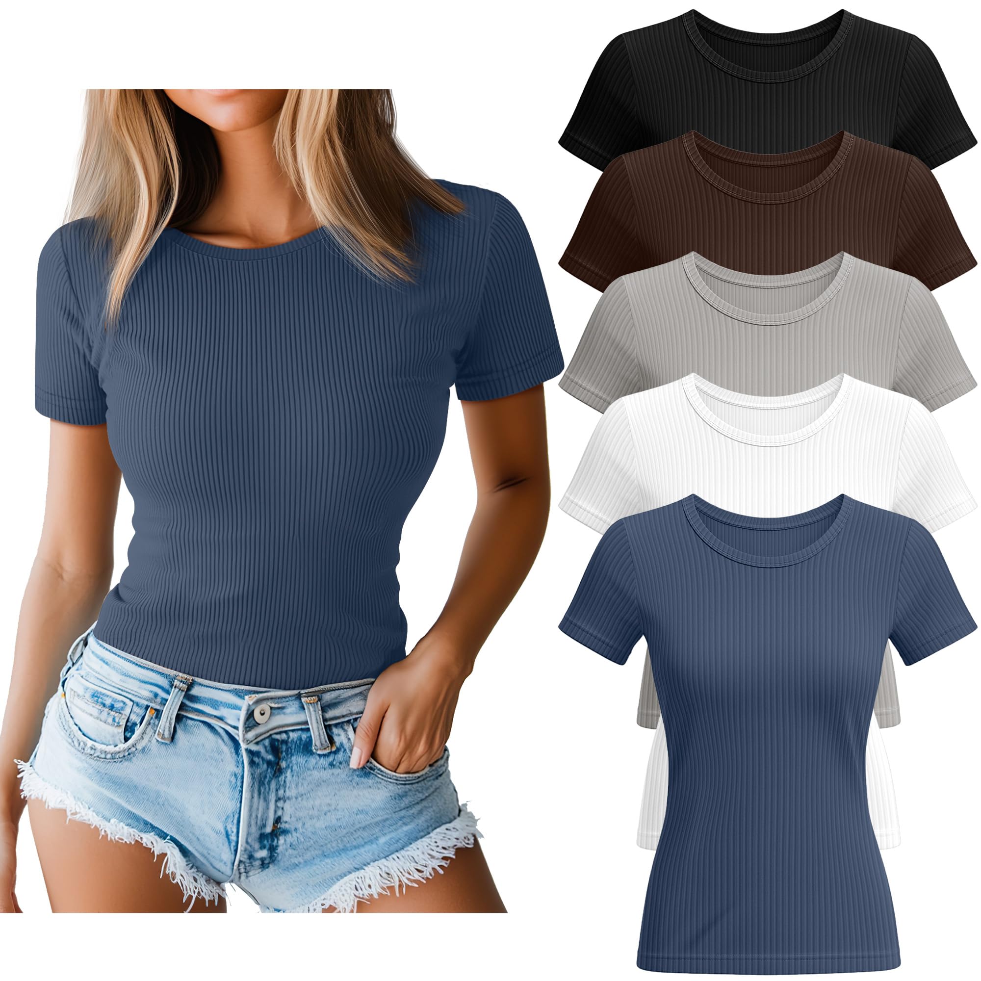 Photo 1 of Huukeay 5 Pack Women's Ribbed Cotton Tops Short Sleeve Fitted Slim T-Shirts Crew Neck Casual Basic Summer Tight Tees(Haze Blue, White, Light Beige, Brown, Black,Large)