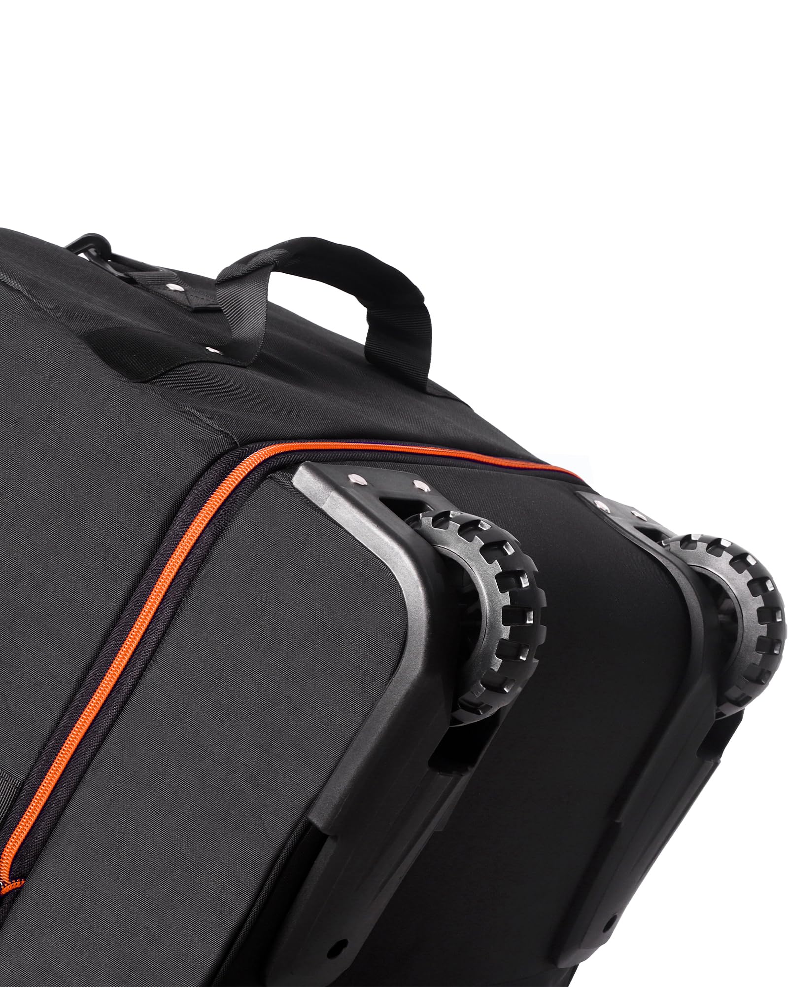 CONTAIL 32” Soft-side 110L Expandable 140L Rolling Duffle Bag with 2 Inline Wheels,Convertible Weekend Travel Bag with Bungee-Cord System,Black-orange