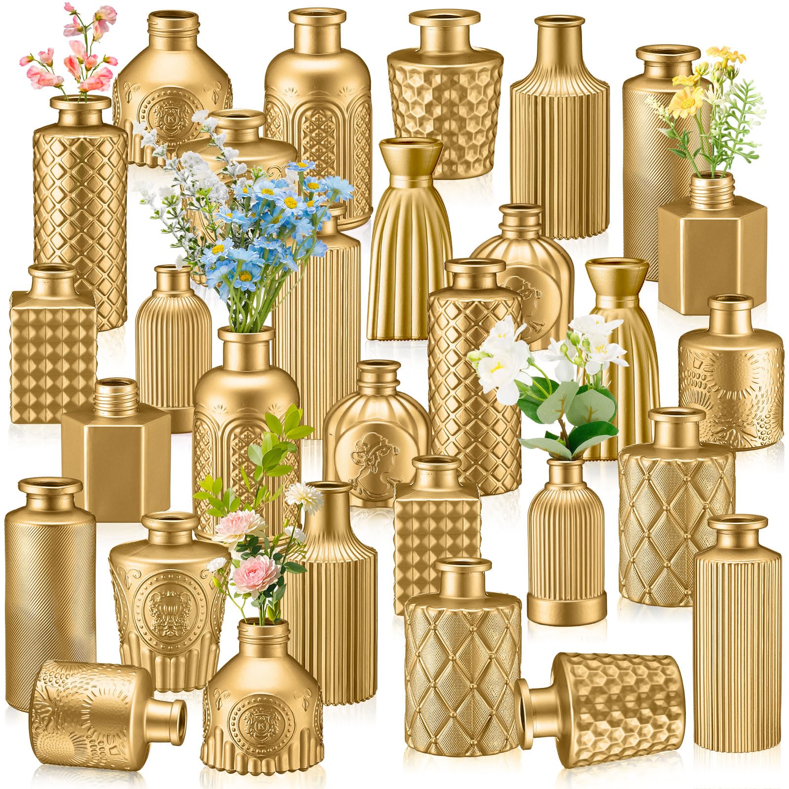 Photo 1 of Yaomiao 30 Pcs Vases Bulk Colored Flower Glass Vases Bud Vintage Colored Glass Bottles Colorful Rustic Embossed for Home Wedding Table Decorations Gifts(Gold Series)
