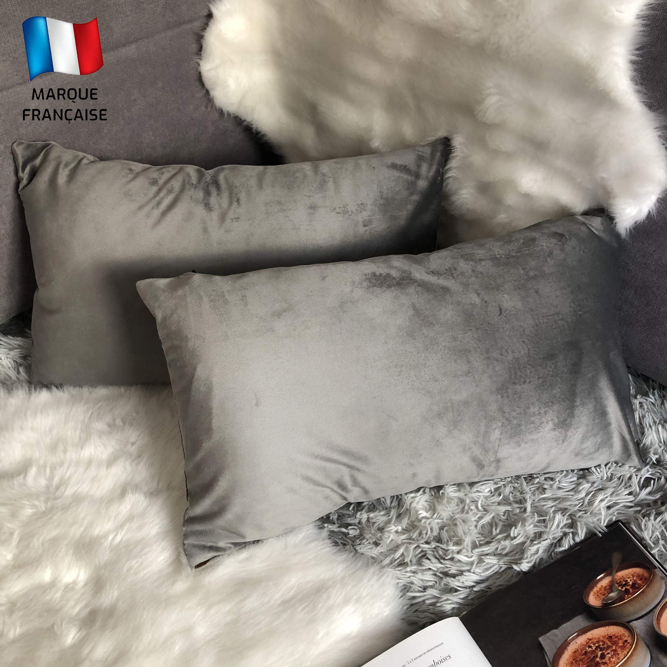 Douceur De Plumes Set of 2 Decorative Cushion Cover Grey Velvet 12x20 Inch Plain, Soft and Modern Rectangular Pillowcase, Decoration Scandinavian Living Room Sofa Bed (2 Grey)