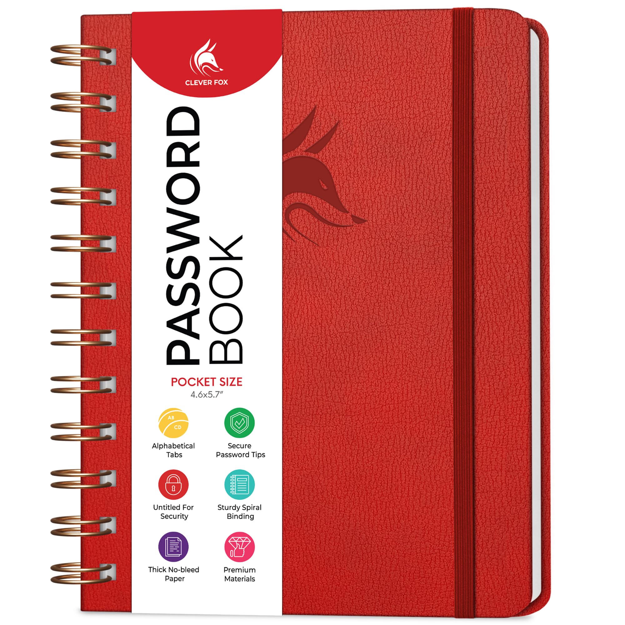 Clever Fox Password Book Spiral – Mini Internet Address Log with Alphabetical Tabs, Small Password Keeper & Organizer - Pocket 12x14cm (Red) — image 1