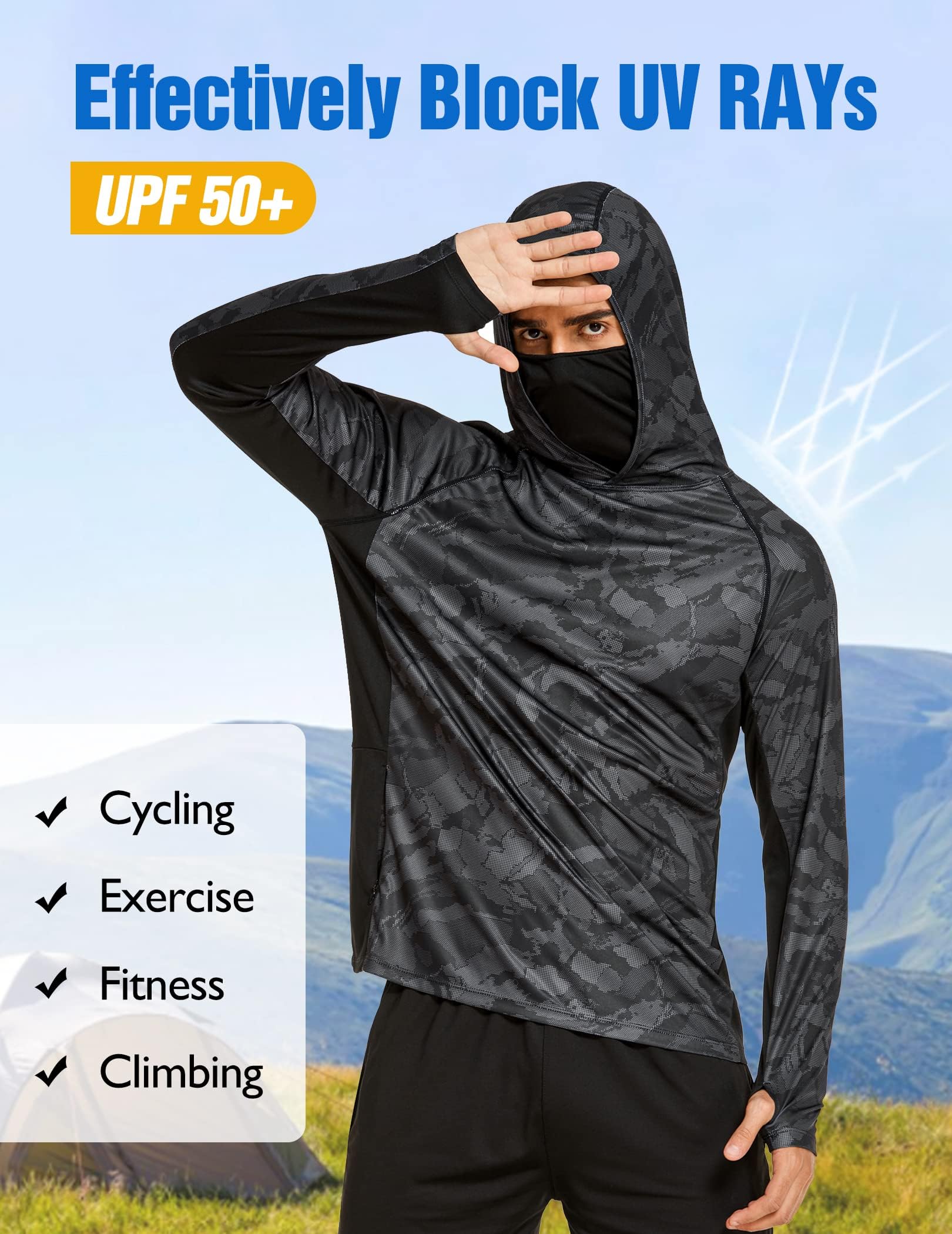 COOrun Mens Fishing Hoodies with Face Mask UPF 50 Long Sleeve Rash Guards Hooded SPF Sun Shirts for Men Camo Hiking Shirt