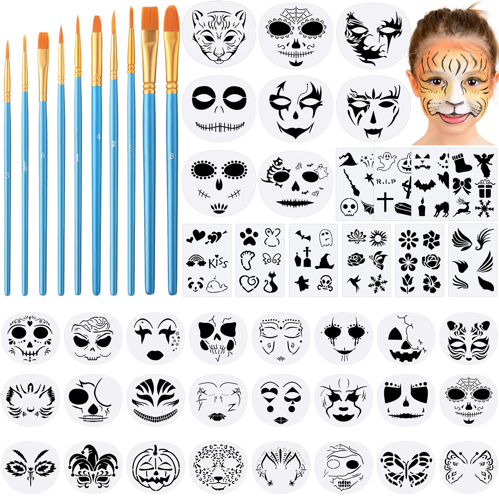Photo 1 of 52 Pcs Face Paint Stencils Kit 32 Large Reusable Face Painting Stencils10 Body Sheets Tattoo Templates Stickers 10 Brushes for Halloween Birthday Party Festival Makeup DIY Drawing Art(Weird Style)