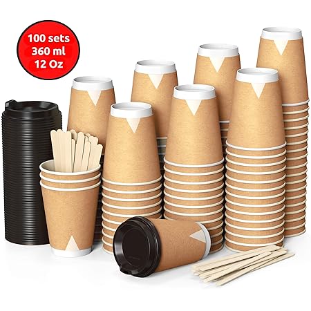 100 Kraft Eben Pappbecher 360 ml Coffee to Go 12 Oz mit Deckel und Holz Rührstäbchen Zum Servieren von Kaffee, Tee, Heißen un
