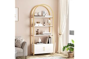 Modern Arched Bookshelf with Doors – 71.5" Tall 4-Tier Freestanding Bookcase – Metal Frame Display Shelving Unit with Storage