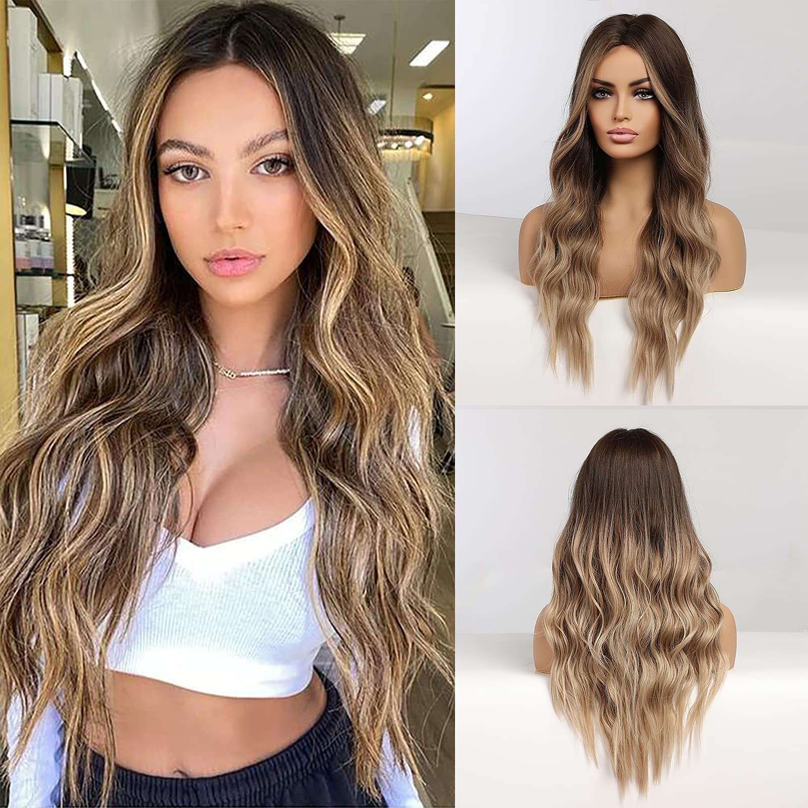 Long Wavy Ombre Dark Blonde Wigs for Women, Heat Resistant Synthetic Wigs with Brown Root for Daily/Party/Cosplay (26 Inch,Ombre Dark Ash Blonde)