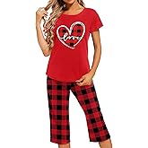 LHBNK Valentines Pajamas for Women: Valentines Pj Sets Short Sleeve Sleepwear Tops With Capri Pants Pajamas Set
