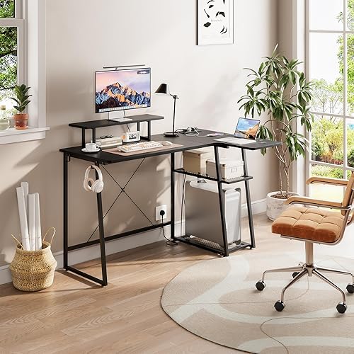 Dripex L Shaped Computer Desk with 2-Tier Storage Shelves, Corner Desk with Power Outlets, USB Charging Ports & Tablet Slot, Modern Work Study Table for Home Office, Black