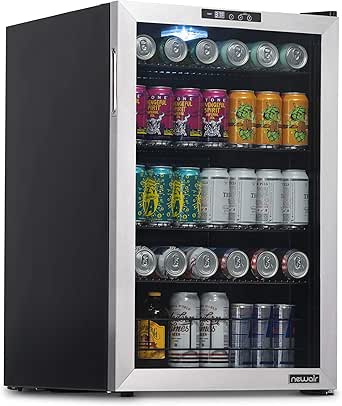 NewAir Beverage Refrigerator And Cooler, Free Standing Glass Door Refrigerator Holds Up To 160 Cans, Cools Down To 37 Degrees Perfect Beverage Organizer For Beer, Wine, And Cooler Drinks NBC160SS00