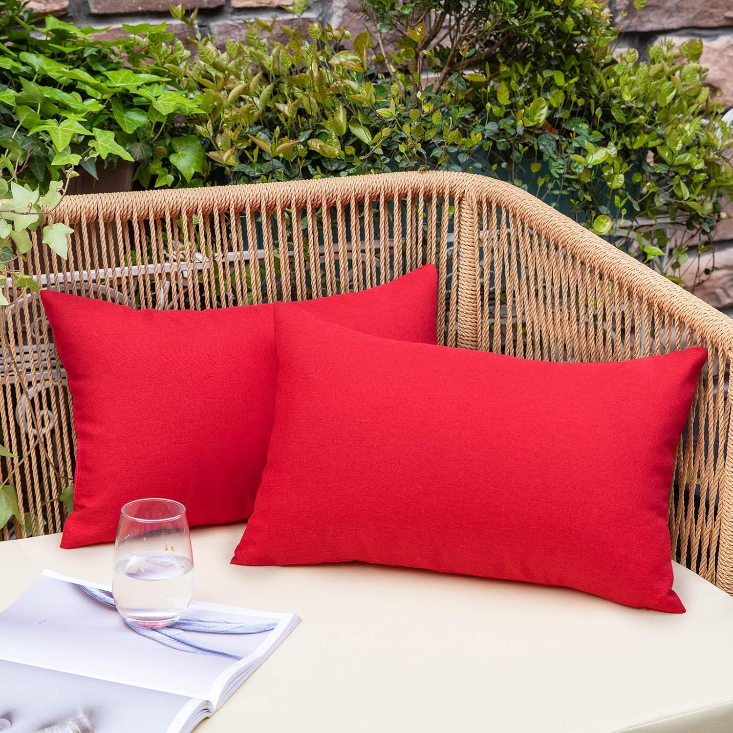 NEERYO Pack of 2 Outdoor Waterproof Throw Pillow Covers Decorative Solid Cotton Linen Farmhouse Couch Sofa Lumbar Pillowcases for Garden Patio Tent Balcony Red 12