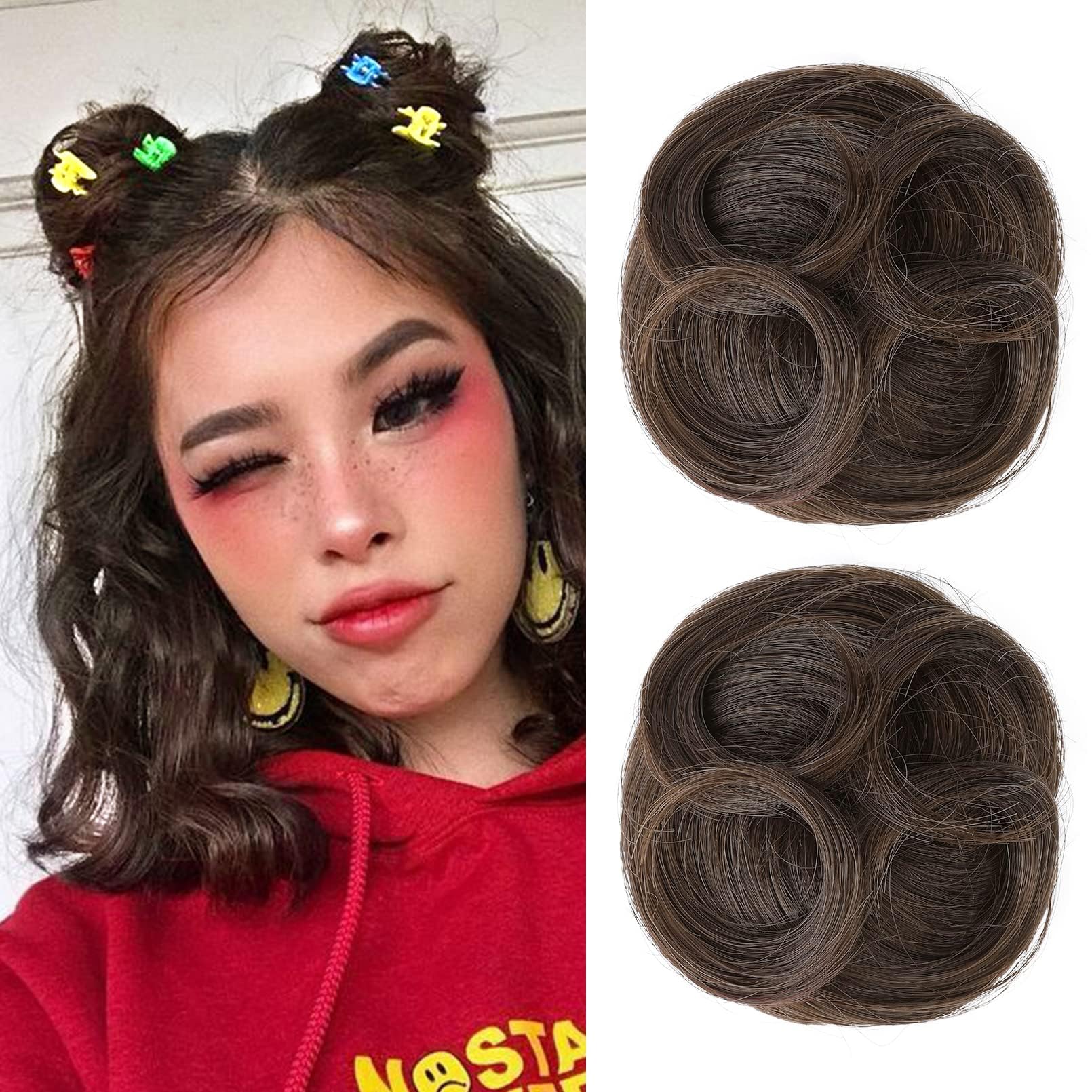 REECHO Space Bun Hair Pieces, 2 PCS Mini Claw Clip in Messy & Cat Ears Fake Hair Bun Extensions Wig Accessory Updo Hairpieces for Women Girls (Pack of 2-3.5" Wavy, Medium Ash Brown)