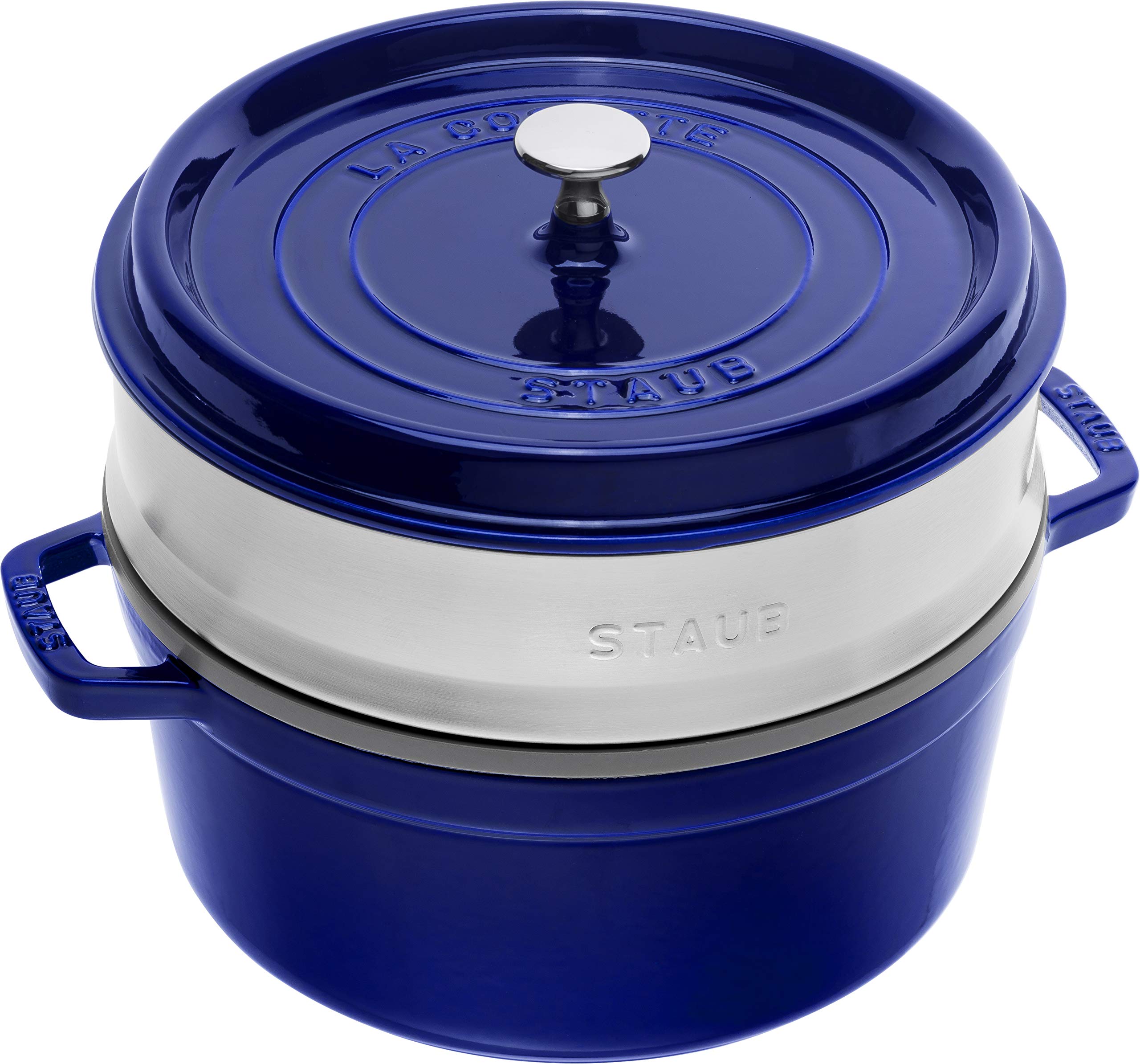 STAUB Gusseisen Bräter/Cocotte, mit Dämpfeinsatz aus Edelstahl, Rund 26 cm, 5,2 L, Aromaregen Funktion für optimale Befeuchtung, Für alle Herdarten inkl. Induktion & Backofen, Dunkelblau