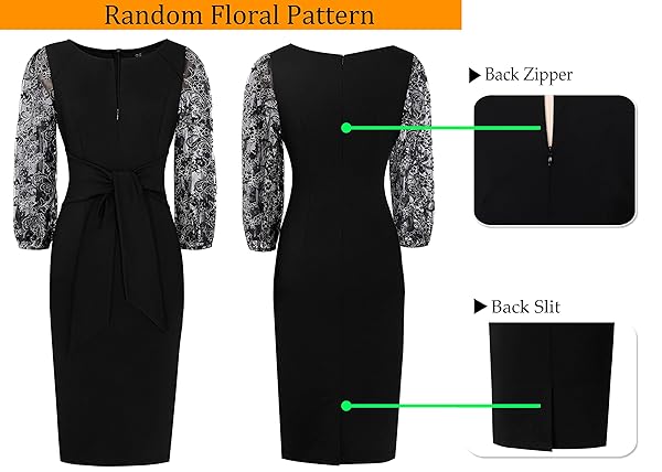 VFSHOW WOMENS BLACK FLORAL EMBROIDERY COCKTAIL EVENING BISHOP SLEEVE TIE WAIST SLIM FRONT ZIPPER PARTY BODYCON PENCIL SHEATH DRESS 8680 BLK S