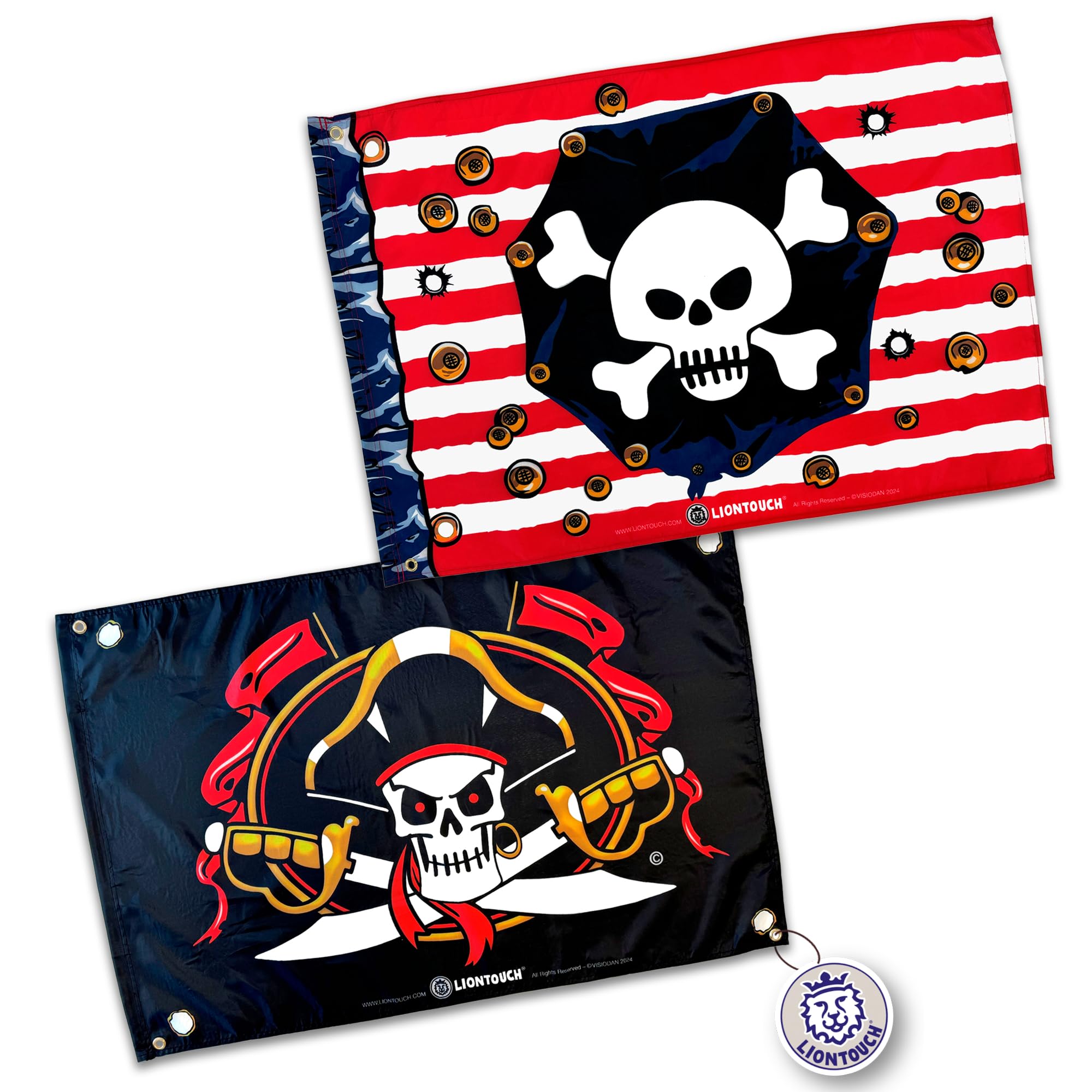 Liontouch Pirate Flag Set - Red Stripe & Captain Cross - 100 x 70 cm | For Indoor & Outdoor Play - Red/White Stripes & Black With Skull | Kid’s Adventure Toy Accessories for Sailing the Caribbean