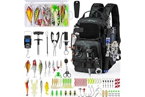 THKFISH Fishing Backpack with Rod Holder, Fishing Tool Kit, Water-Resistant Bag With Fishing Lures Kit, Fishing Tackle Box and Pliers Set for Men Women (Black Camo-87pcs)