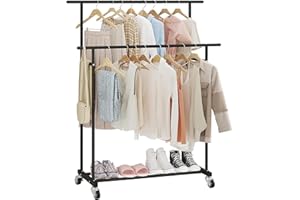 Calmootey Double Rod Clothing Garment Rack,Rolling Hanging Clothes Rack,Portable Clothes Organizer for Bedroom,Living Room,Clothing Store,Black
