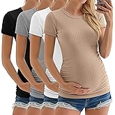 Neer 4 Pack Women's Maternity Shirts Ribbed Short Sleeve Maternity Tops Crew Neck Cotton Tee Side Ruched Pregnancy Clothes