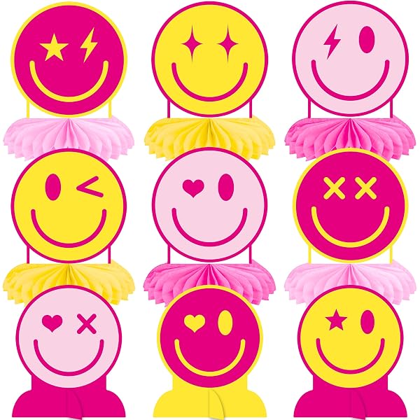 Preppy Smiley Partytüten – 12 Stück, Vlies, Mit Griffen, Rosa Mit Smiley & Sternen, Für Geburtstag & Feiern