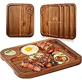 4 pcs Acacia Wood Steak Plates,Carnivore Cutting Board for Eating, Carved Meat Wooden Plate, Food Serving Tray,Cheese Charcuterie Boards with Deep Grooves & Hidden Handles