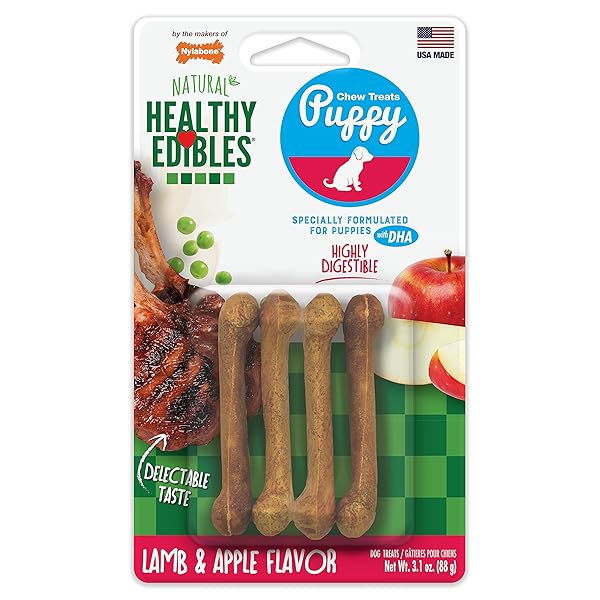 NYLABONE HEALTHY EDIBLES NATURAL PUPPY CHEWS LONG LASTING TREATS FOR PUPPIES, LAMB & APPLE FLAVOR, X-SMALL/PETITE (4 COUNT)