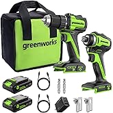 Greenworks 24V Cordless Brushless 400 in-lbs Drill/Driver+1950 in-lbs Impact Driver Combo,High Torque, Lightweight, (2) 2.0Ah