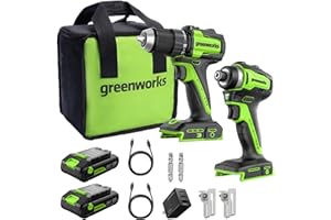 Greenworks 24V Cordless Brushless 400 in-lbs Drill/Driver+1950 in-lbs Impact Driver Combo,High Torque, Lightweight, (2) 2.0Ah USB-C Batteries(12,000mAh Power Bank) and 65W USB-C Fast Charger(3-Port)