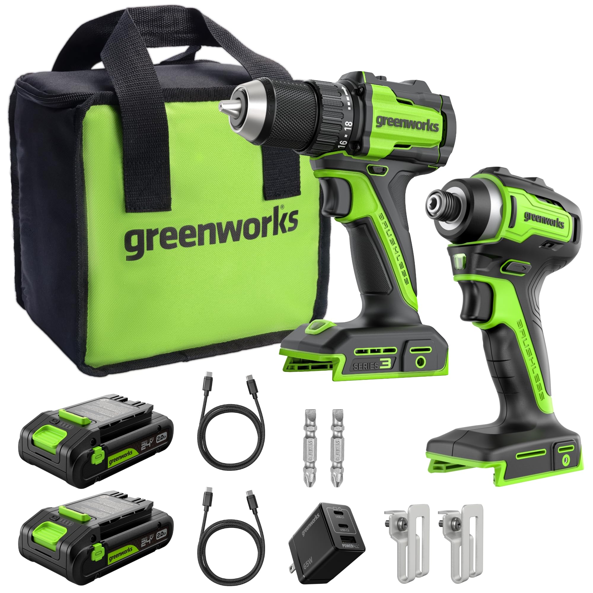 Greenworks 24V Cordless Brushless 400 in-lbs Drill/Driver+1950 in-lbs Impact Driver Combo,High Torque, Lightweight, (2) 2.0Ah USB-C Batteries(12,000mAh Power Bank) and 65W USB-C Fast Charger(3-Port) Image