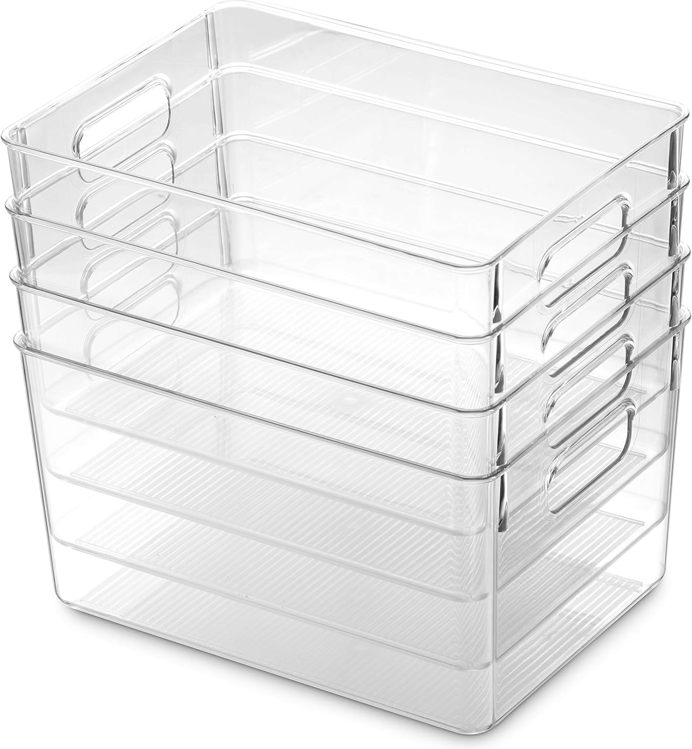 Set Of 4 Clear Pantry Organizer Bins Household Plastic Food Storage Basket with Cutout Handles for Kitchen, Countertops, Cabinets, Refrigerator, Freezer, Bedrooms, Bathrooms - 11" Wide: Kitchen & Dining