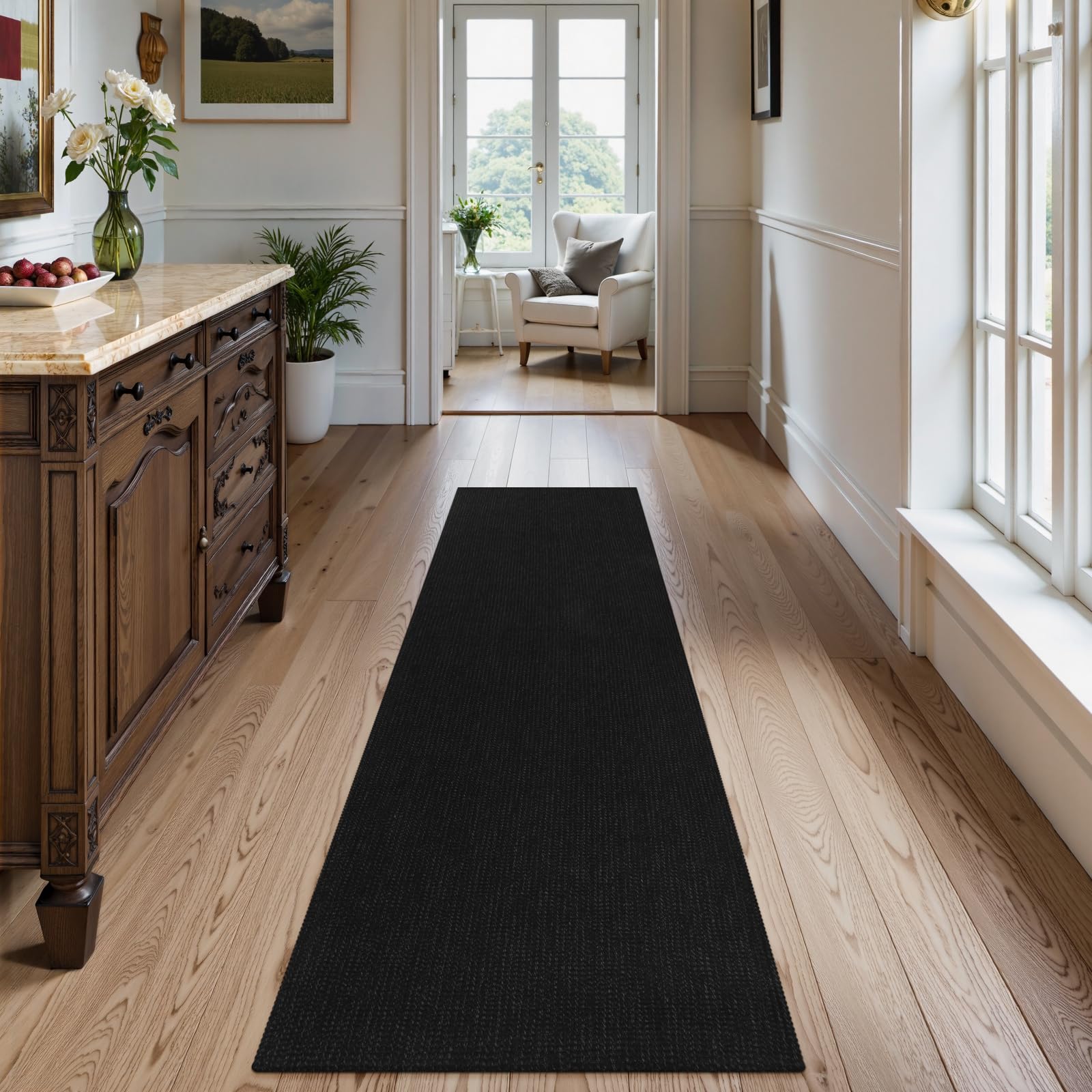 Photo 1 of Uphome Long Hallway Runner Rug, 2x8 Washable Boho Kitchen Rug Runner, Non Slip Braided Cotton Famhouse Entryway Runner Rug Low Pile, Stain Resistant Floor Runner for Hallways Doorawy Bedroom, Black