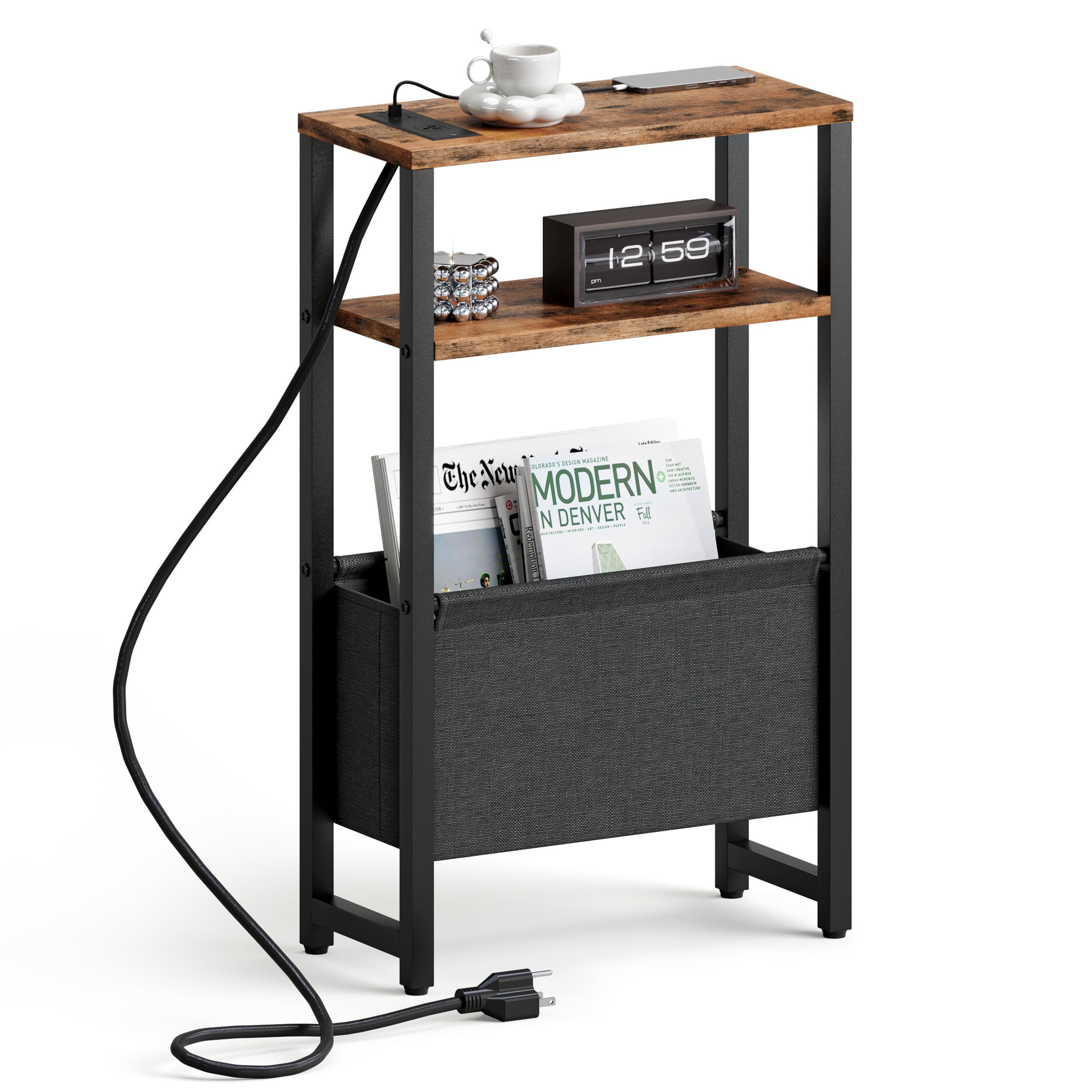 Photo 1 of IRCPEN Narrow Side Table with Charging Station Slim End Table Sofa with Magazine Rack, Bedside Table for Small Spaces, 3 Tier Nightstand for Living Room Couch, Bedroom Rustic Brown LET503RE