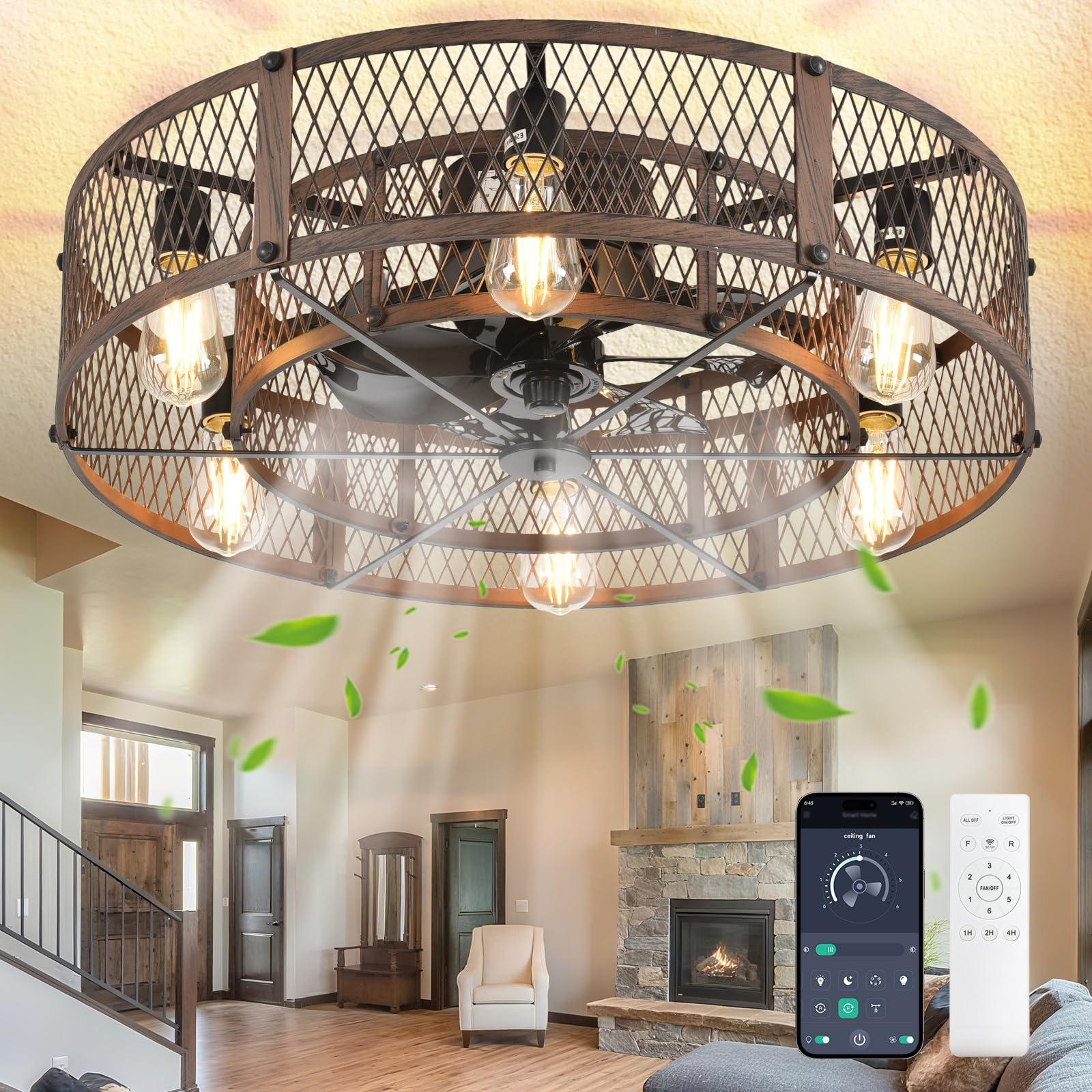 Photo 1 of Depuley Caged Ceiling Fan with Lights: Industrial Semi Flush Mount Cages Ceiling Fan Light Fixture - Walnut Ceiling Fans with Remote - 26 in Low Profile Fandelier for Kitchen Outdoor Patio Dining Room