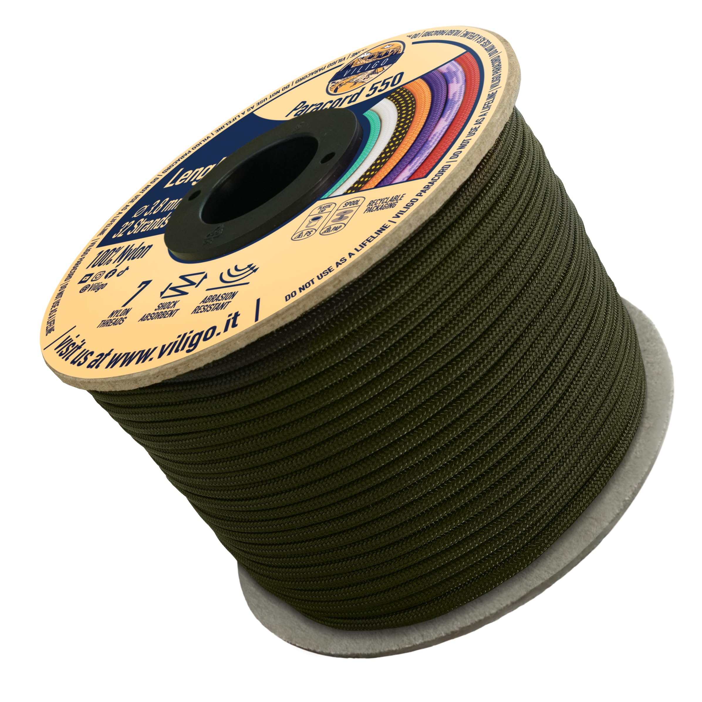 VILIGO Paracord 550 Nylon Rope Ideal for Making a Bracelet, Leash or Collar, Camping Rope for Tents and Hiking (50 m, Olive)