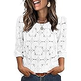 Sampeel Women Blouses Dressy Casual 3/4 Length Sleeve Tops Eyelet Lace Spring Summer Shirts Beach Vacation Clothes
