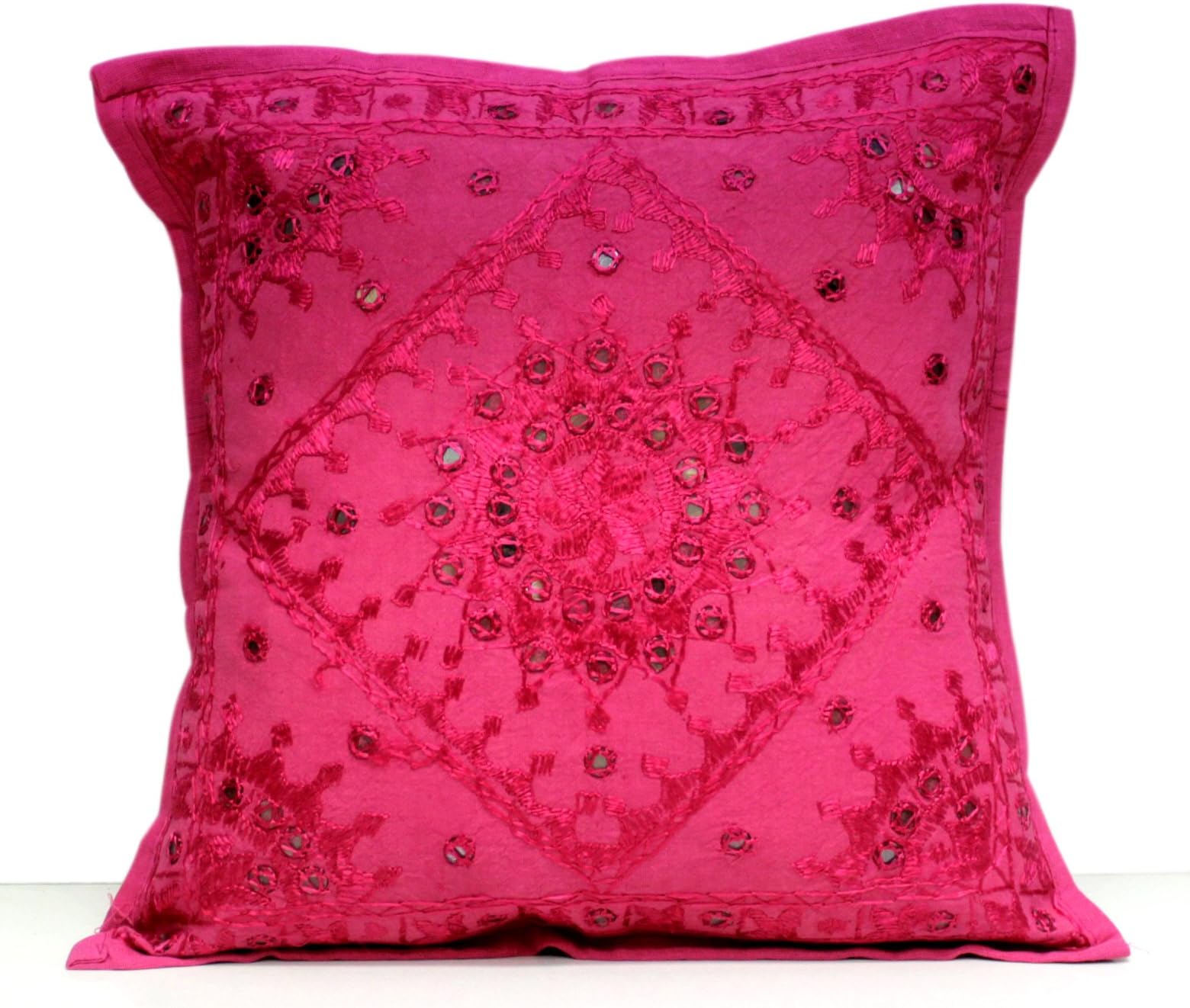 Amazingindiaonline A Unique Ethnic Home Decorative Indian Mirror Work Pillow Cushion Cover (Pink)