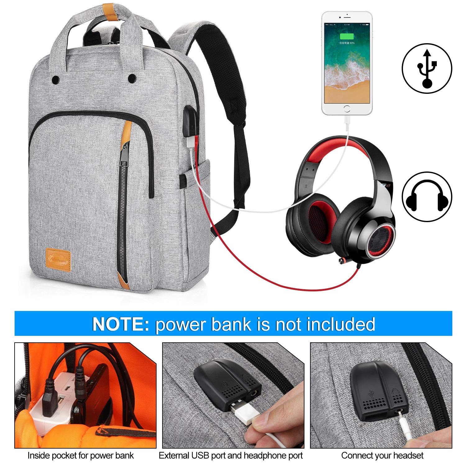 Computer Backpacks for Laptops 15.6 Inch, Padded Travel Laptop Backpack for Women Men, Water Resistant Large Capacity Daypack Bookbag Rucksack for College High School Student Work Business Bag- Grey