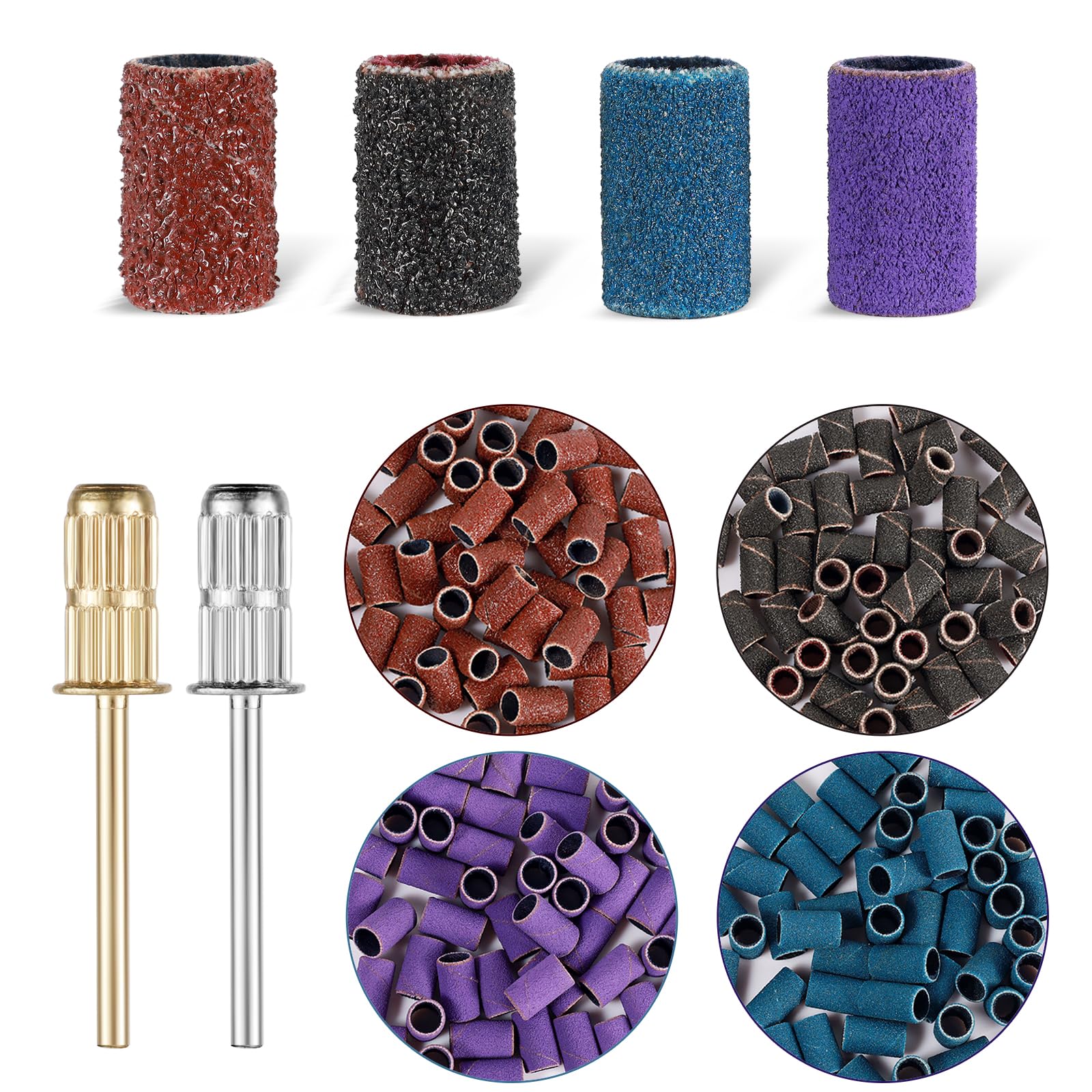 Sanding Bands for Nail Drill, 200 PCS Coarse Fine Nail Sanding Bands, 80#120#180#240#Grit Sanding Bands with 2Pcs 3/32” Nail Drill Bits for Manicures Pedicures