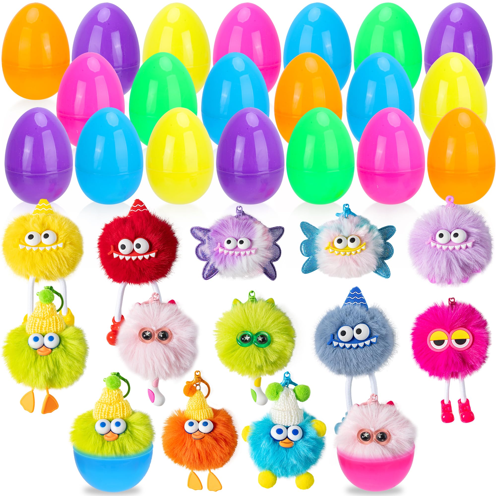 12 Pack Prefilled Easter Eggs With Toys, Monster Plush Keychains for Kids, Non Candy Easter Basket Stuffers, Egg Hunt Party Favors, Classroom Prizes, Goodie Bag Fillers