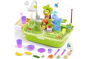 MAYSIDA Toddler Sand Water Table Toy with Electric Water Pump, Kids Sand Water with Faucet/Play Food Accessories/Fishing Toy, Fishing Toys for Kids, Kitchen Play Sink Toys for Girl Boy Age 3+, Green