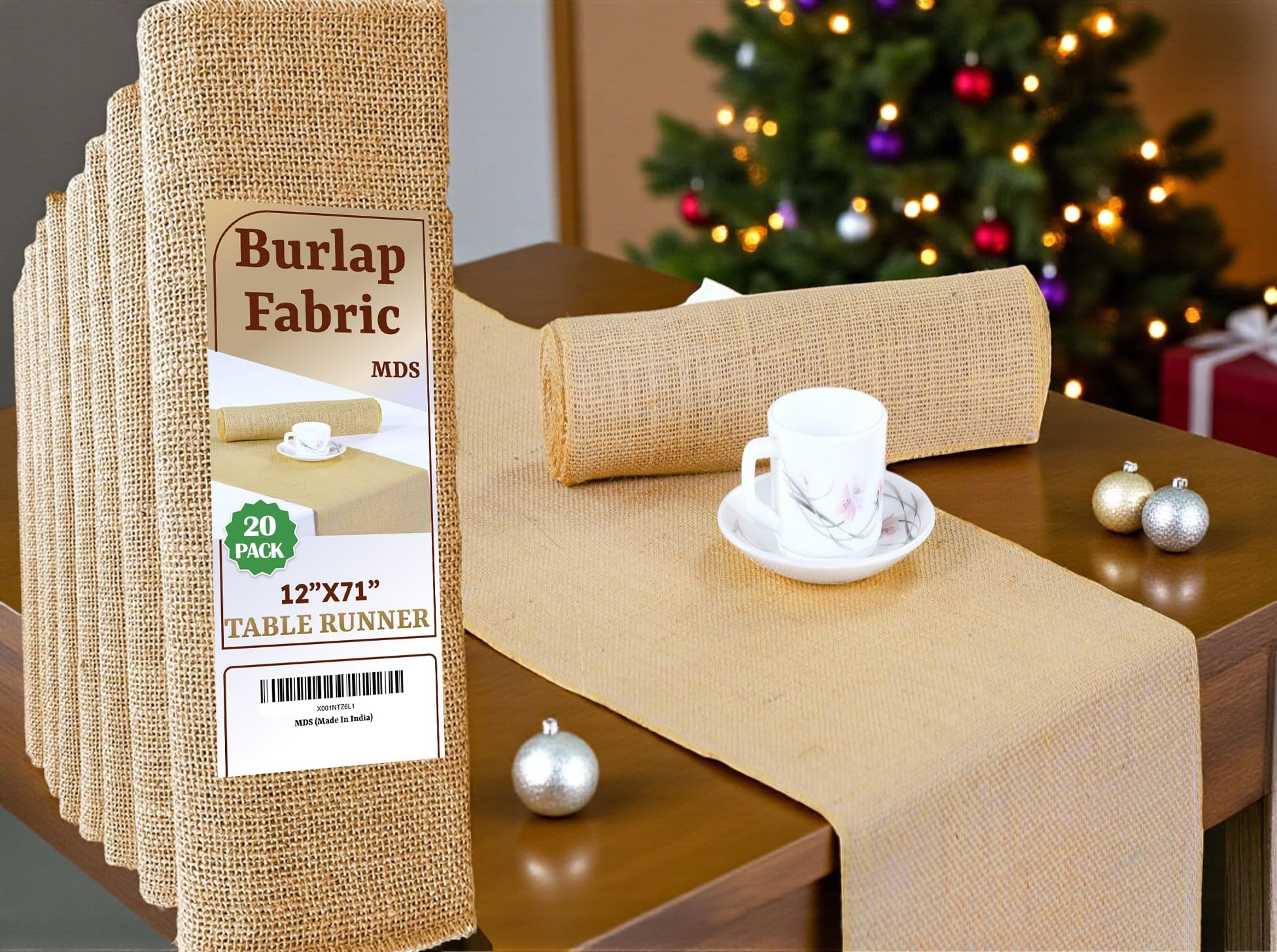 MDS 20 Pack Wedding Natural Burlap Table Runners 12 x 72 Inch Rustic Farmhouse Jute Country Vintage Runner for Wedding and Home Decor, Table Decorations , Party, BBQ's & Outdoor Tables- Natural Image